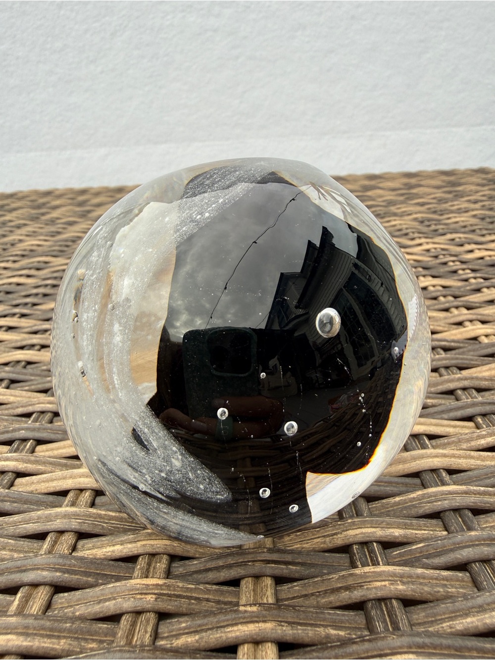 Vintage Black White Art Glass Paperweight Abstract Swirl Bubbles 3.5"